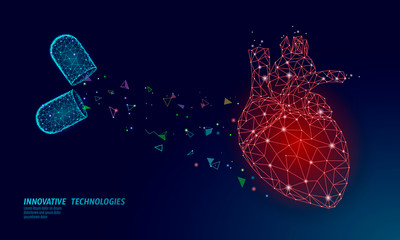 Fototapeta premium 3D medicine heart medicine treatment. Human health diagnostics vascular organ system pill vitamins. Cardiology heart protect concept. Low poly vector illustration