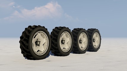 Obraz premium Car Wheels in Snow, Winter, 3D Rendering