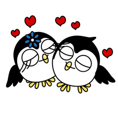 emoticons with cool smiling penguins that are hugging and above them are hearts, a simple color clip-art