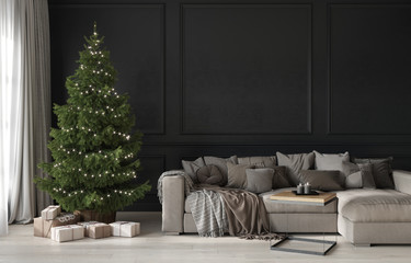 Fototapeta Festive living room with a beige cozy sofa and a Christmas tree with gifts obraz