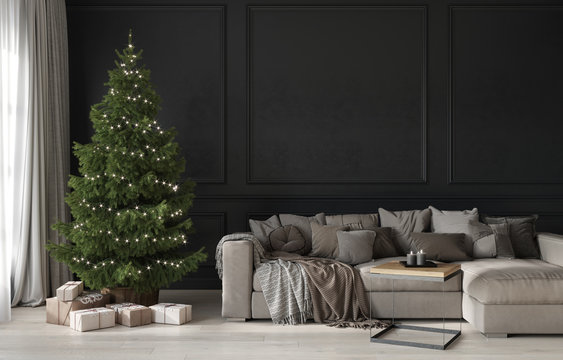 Festive Living Room With A Beige Cozy Sofa And A Christmas Tree With Gifts