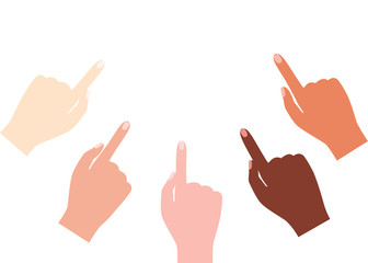 Multinational hands point finger in one direction. Indication, demonstration, promise. Vector illustration on white background.
