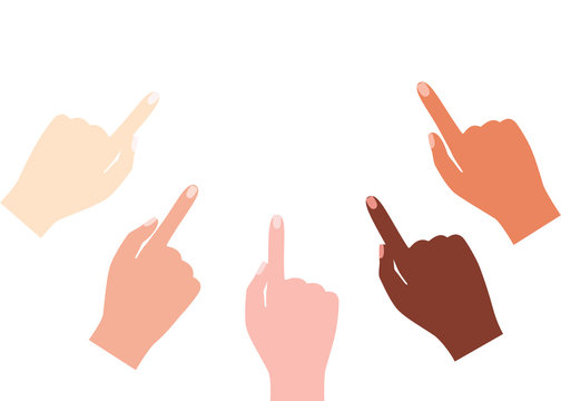 Multinational Hands Point Finger In One Direction. Indication, Demonstration, Promise. Vector Illustration On White Background.