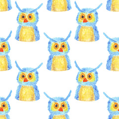 watercolor owl seamless pattern on a white background. blue owl inspired by children's fairy tales