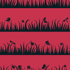 Floral seamless pattern, butterfly, beetle, dragonfly in the grass, insects