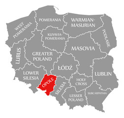 Fototapeta na wymiar Opole red highlighted in map of Poland