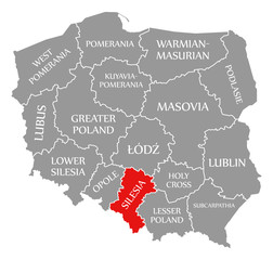 Silesia red highlighted in map of Poland