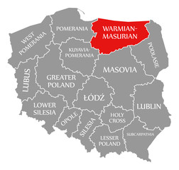 Warmian Masurian red highlighted in map of Poland
