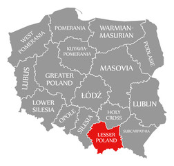 Fototapeta na wymiar Lesser Poland red highlighted in map of Poland