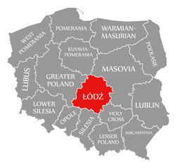 Lodz red highlighted in map of Poland