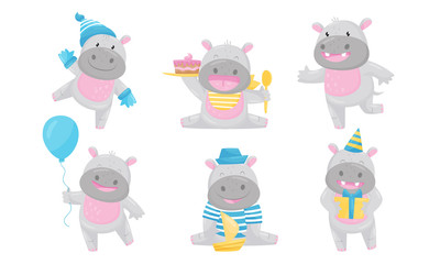 Cartoon Hippo Boy Character Holding Balloon and Eating Cake Vector Set