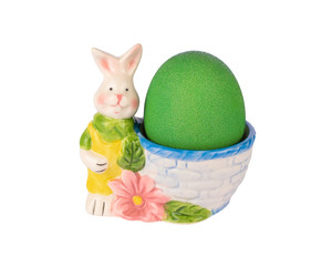 Ceramic rabbit figurine egg-cup with green painted egg