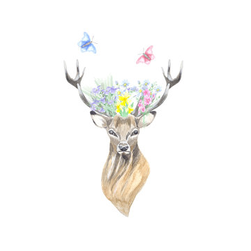 Watercolor forest deer with wildflowers on the horns and butterflies. Ideal for decorating postcards, invitations, web sites, textiles, photo albums, scrapbooking.