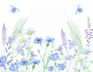 Watercolor background of blue wildflowers. Great for digital wallpapers, web sites, photo albums, scrapbooking, textiles, cards, invitations and other creative ideas.