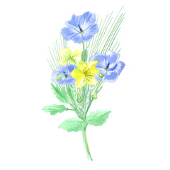 Watercolor bouquet of meadow flowers of celandine and flax. Fresh, light flowers will give your design a spring mood and romance. Great for greeting cards, invitations, and other paper products.