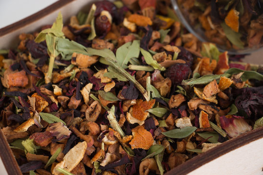Fragrant, dry fruit tea (tea leaves) close-up.