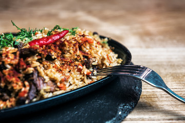 hot pan with pilaf