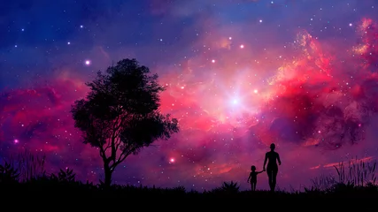 Washable wall murals purple Mother and daughter walk in landscape with tree and colorful nebula. Parents concept background. Elements furnished by NASA. 3D rendering