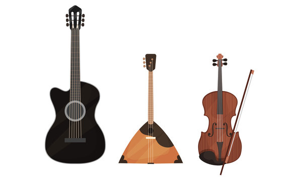 Stringed Musical Instruments Isolated On White Background Vector Set