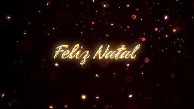 Feliz Natal postcard text animation with gold particles.  Translation: Merry Christmas.