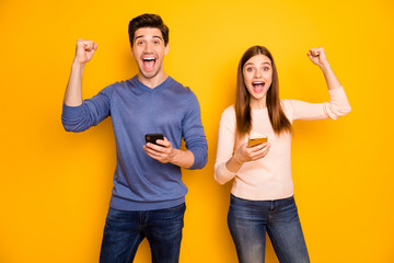 Shocked crazy two students people married spouses use smartphone search discounts win online...