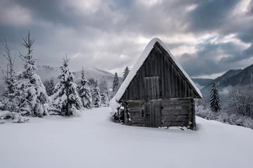 Fotobehang wooden abandoned cabin in winter mountains © Volodymyr Shevchuk