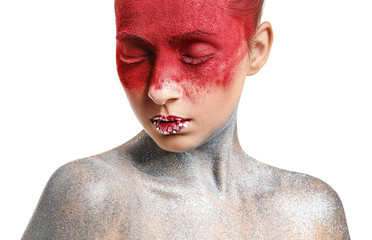 Beautiful woman with unusual makeup on white background