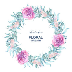 Floral watercolor wreath with roses and twigs background with twigs and flowers for design and decor.