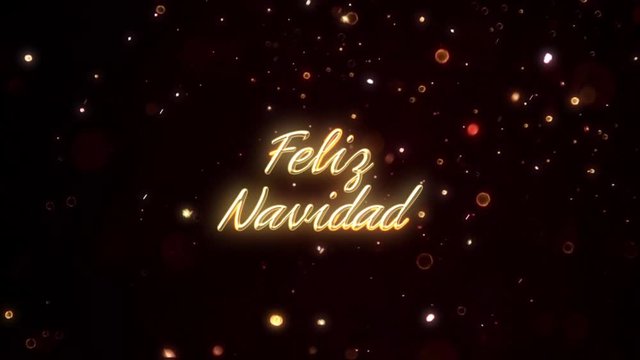 Feliz Navidad, spanish language text animation gold color particles flying around.  Translation: Merry Christmas.
