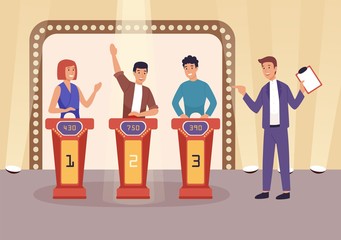 Quiz TV show flat vector illustration. People cartoon characters playing television game show, answering questions and solving puzzles. Show host with clipboard staying near players. © Good Studio