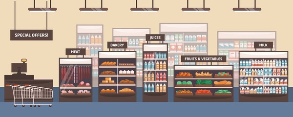 Supermarket interior flat vector illustration. Grocery store, shelves with food products. Cartoon food shop aisle. Bakery, meat, fruits and vegetables, special offers and milk signboards.