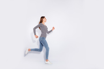 Full length body size view of her she nice-looking attractive charming cheerful cheery straight-haired girl running marathon free time weekend isolated over white light background