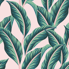 Tropical vintage vector green palm leaves floral pink background seamless pattern. Exotic jungle wallpaper.