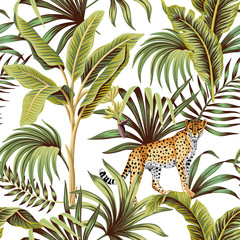 Tropical vintage banana tree, leopard floral green palm leaves seamless pattern white background. Exotic jungle wallpaper. - obrazy, fototapety, plakaty
