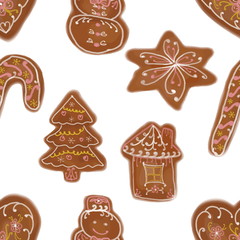Gingerbread Christmas cookies pattern , tee, cane, snowman, star, house