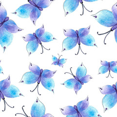 watercolor seamless pattern with blue    butterflies on white background