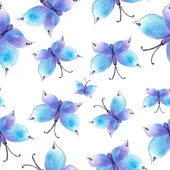 Papier Peint photo Papillons modèle sans couture aquarelle avec papillons bleus sur fond blanc