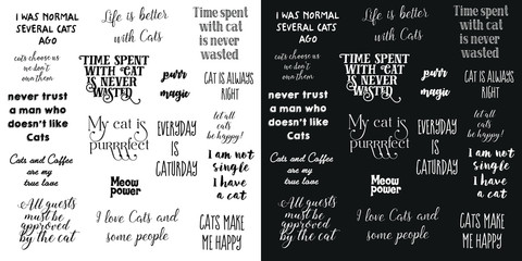 vector lettering. vector set phrases with different fonts about love for cats, about cats. Two image options - black and white background.