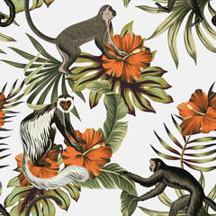 Tropical vintage monkey, red hibiscus flower, palm leaves floral seamless pattern white background. Exotic jungle wallpaper.