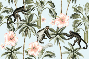 Tropische vintage aap, roze hibiscus bloem, palmbomen naadloze bloemmotief blauwe achtergrond. Exotisch junglebehang.