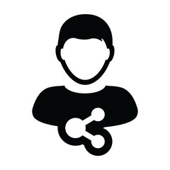 Social share icon vector male person profile avatar symbol with network sign in a glyph pictogram illustration