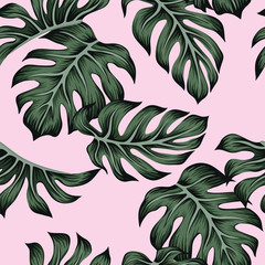 Tropical floral green monstera palm leaves seamless pattern pink background. Exotic jungle wallpaper.