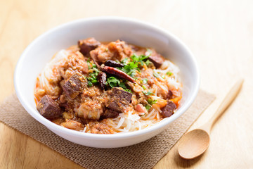 Northern Thai food (Kanom Jeen Nam Ngeaw), rice noodles with spicy soup