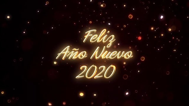 Feliz Ano Nuevo 2020 text animation of golden typography on dark background. Translation: Happy New Year 2020.