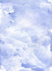 Watercolor abstract background. Hand painted sky and clouds in pastel blue color. Bright ultramarine wash for text, lettering, wedding cards