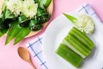 Thai dessert (Khanom chan), steamed layer sweet cake with pandan flavor