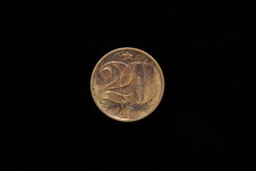 Czechoslovak Socialist Republic old stained 20 haleru, 20h coin from 1981, reverse. Isolated on black background
