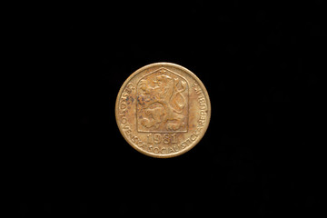 Czechoslovak Socialist Republic old 20 haleru, 20h coin from 1981, obverse showing the socialist coat of arms. Isolated on black background