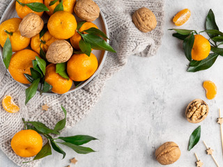 Fresh bright tangerines (oranges) with green leaves and walnuts on gray plate on pullover background, cozy winter mood, top view, frame, template layout