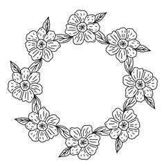 Wreath of flowers and leaves in doodle style with place for text on a white background. Black and white illustration of a wreath of abstract flowers. Element for design.